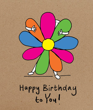 Colorful flower held by cartoon character on a brown background, accompanied by 'Happy Birthday to You!' text.