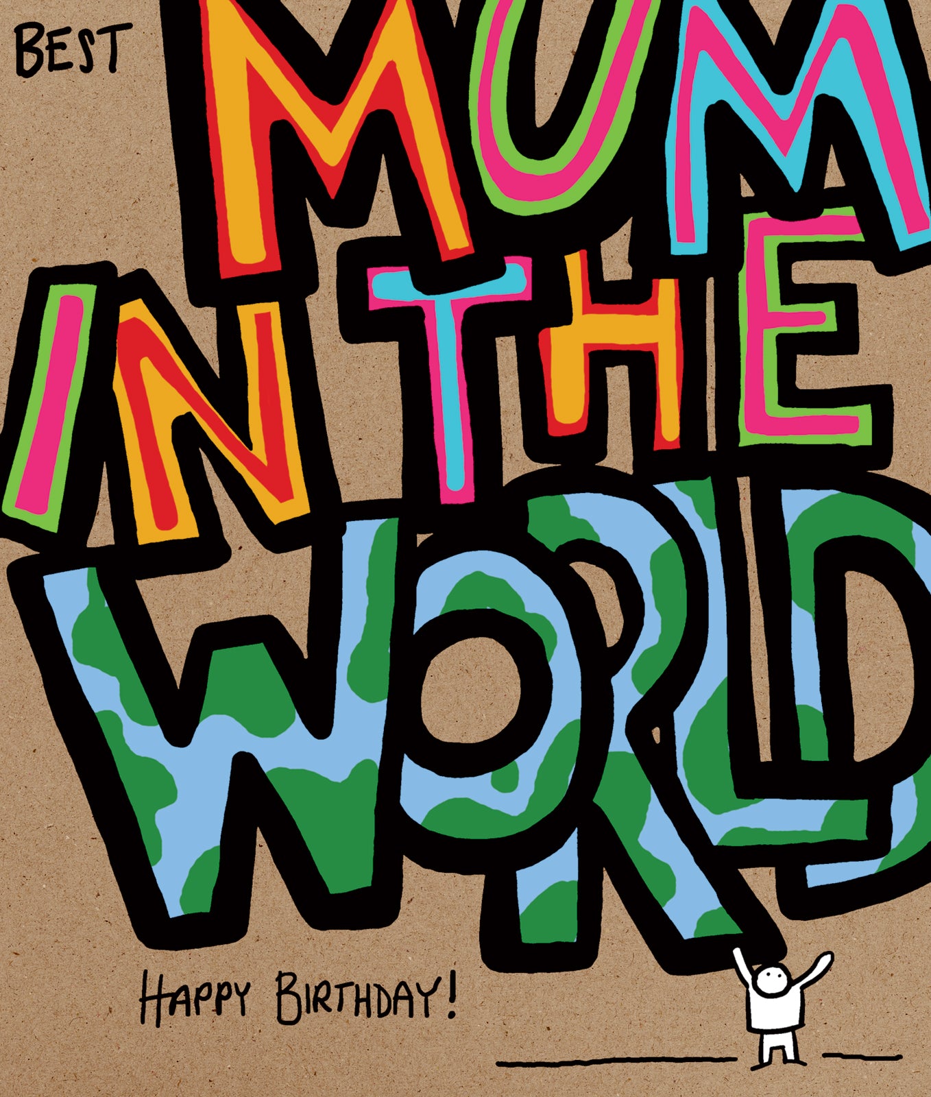 Colorful birthday card with 'Best Mum in the World' text on a brown background