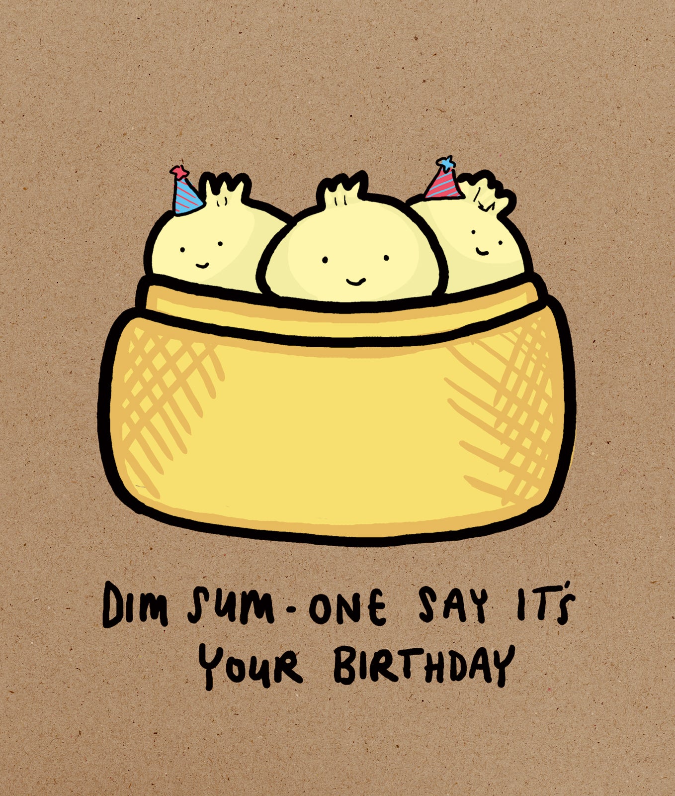 Illustration of dim sum with birthday hats on a brown background