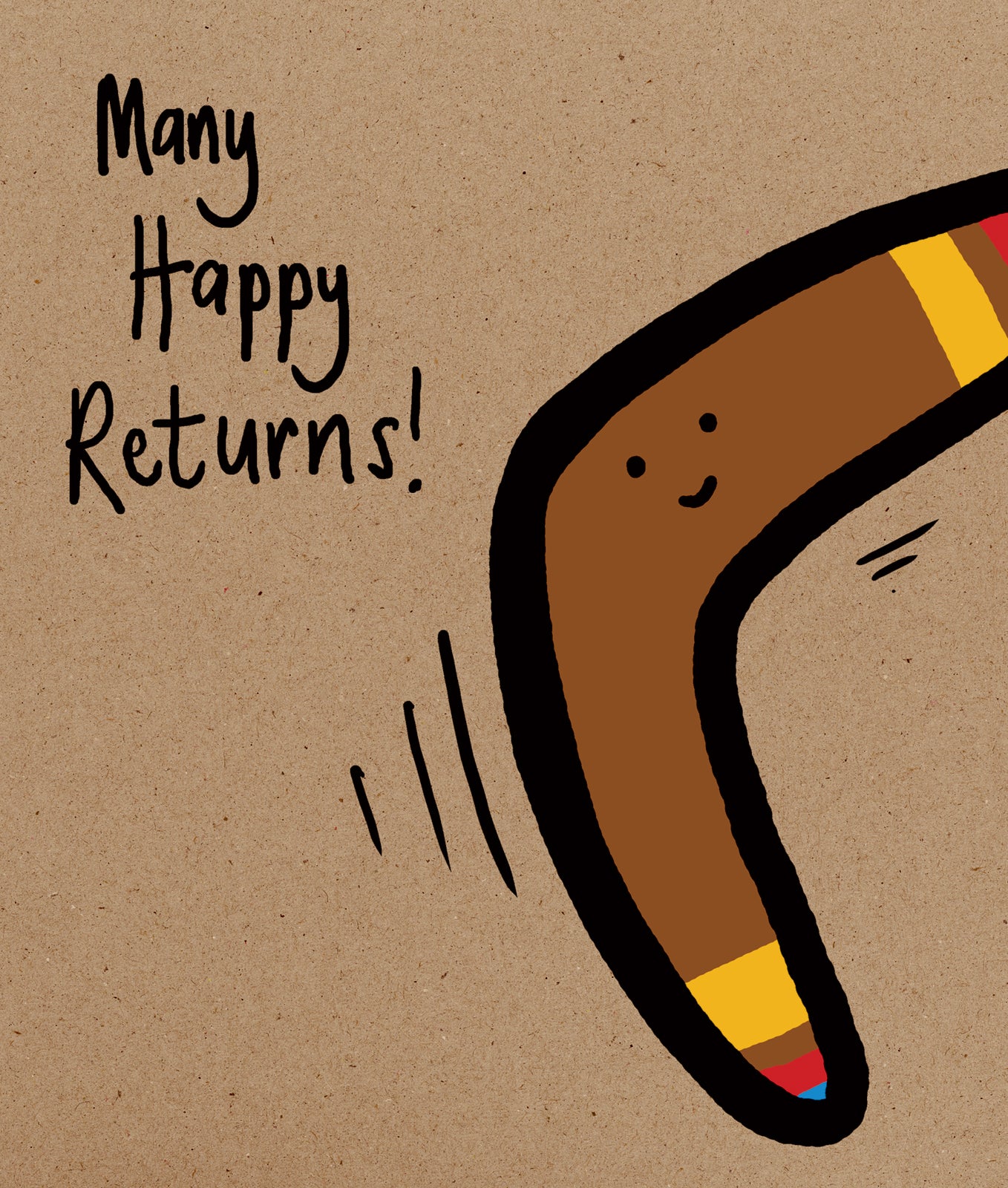 Cartoon boomerang with a smiling face on a brown background with 'Many Happy Returns!' text.