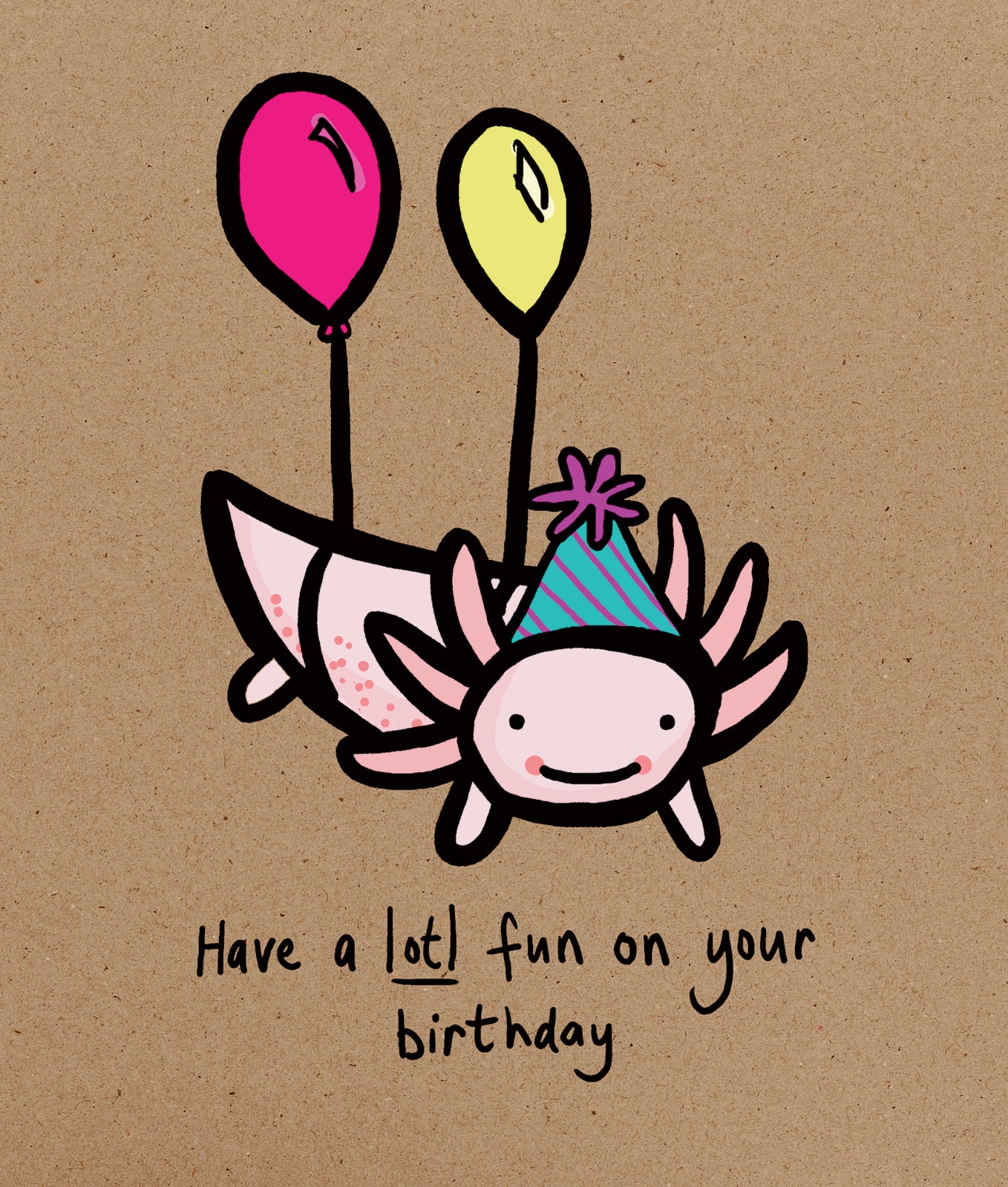 Cartoon axolotl with party hat and balloons on a brown background