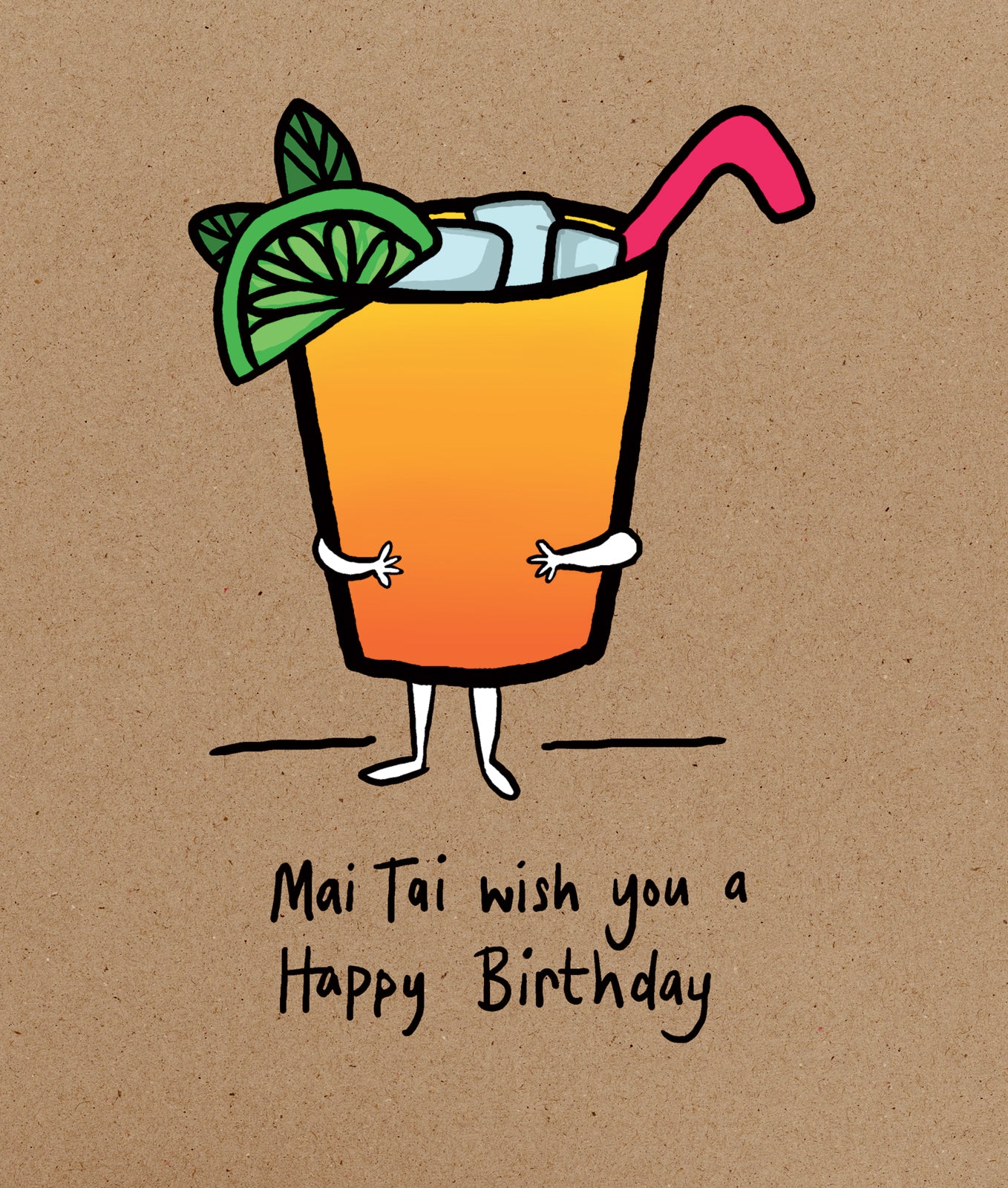 Cartoon mai tai cocktail with a pink straw on a brown background, wishing a happy birthday.