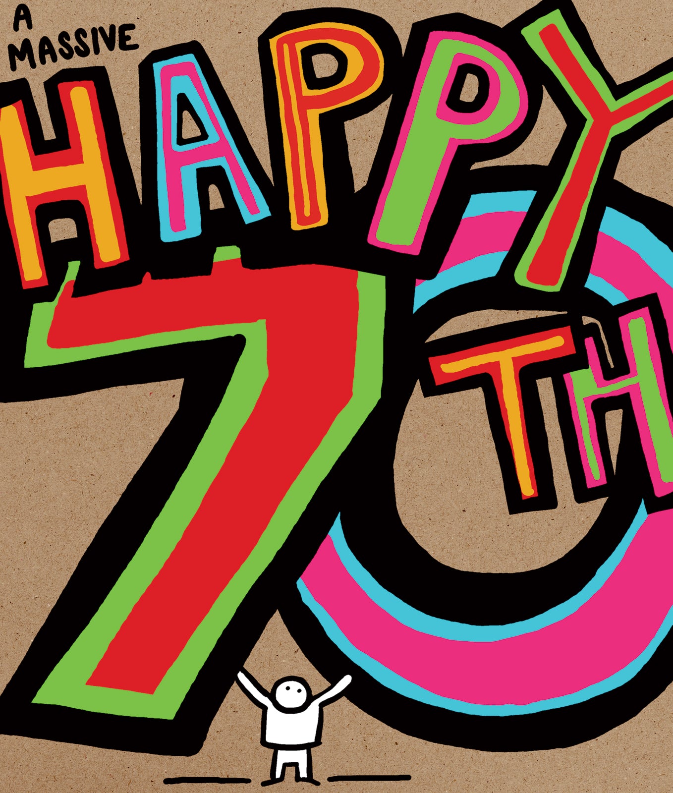 Colorful 'Happy 70th' text on a brown background with a small figure at the bottom.