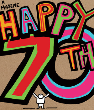 Colorful 'Happy 70th' text on a brown background with a small figure at the bottom.