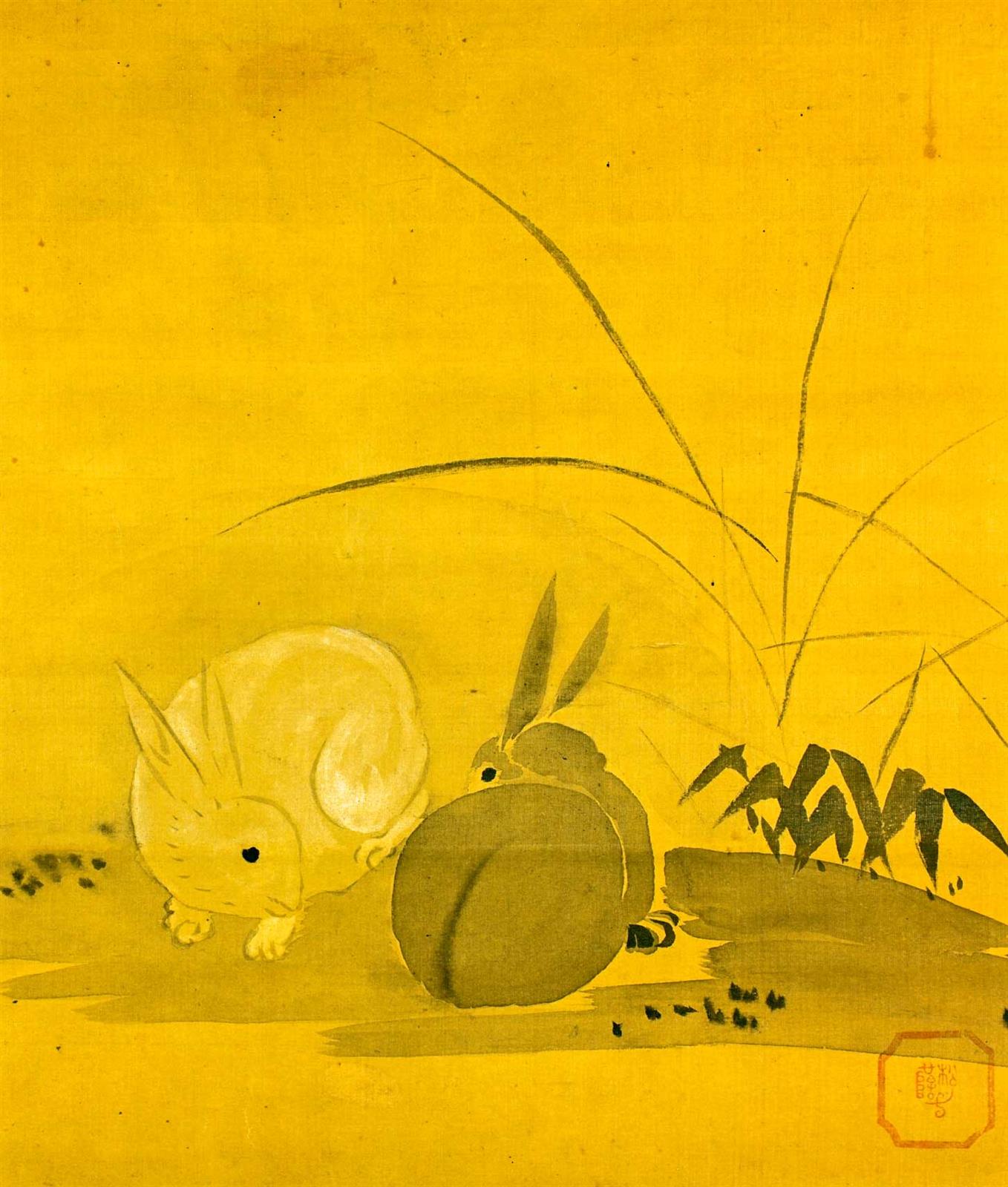 B112 Hanging scroll painting, rabbits