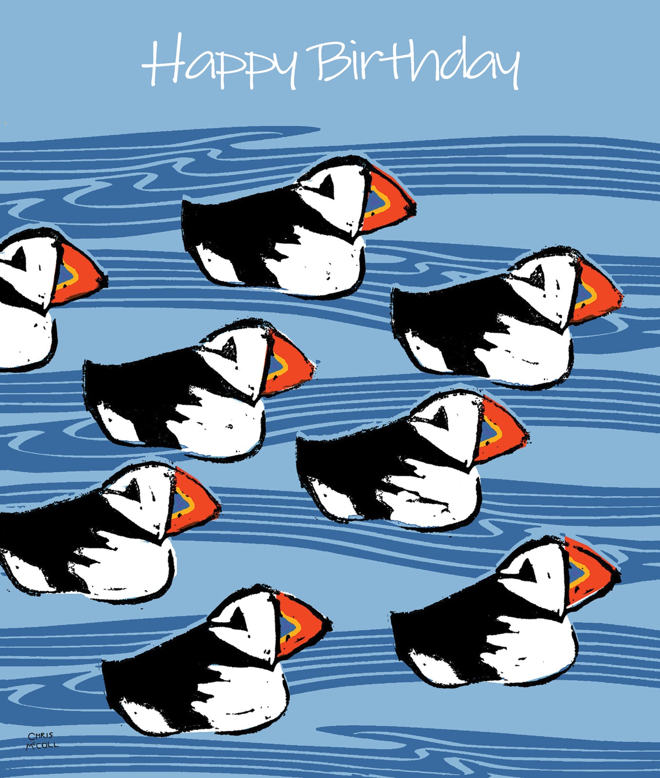 Birthday card with puffins on a blue wave background
