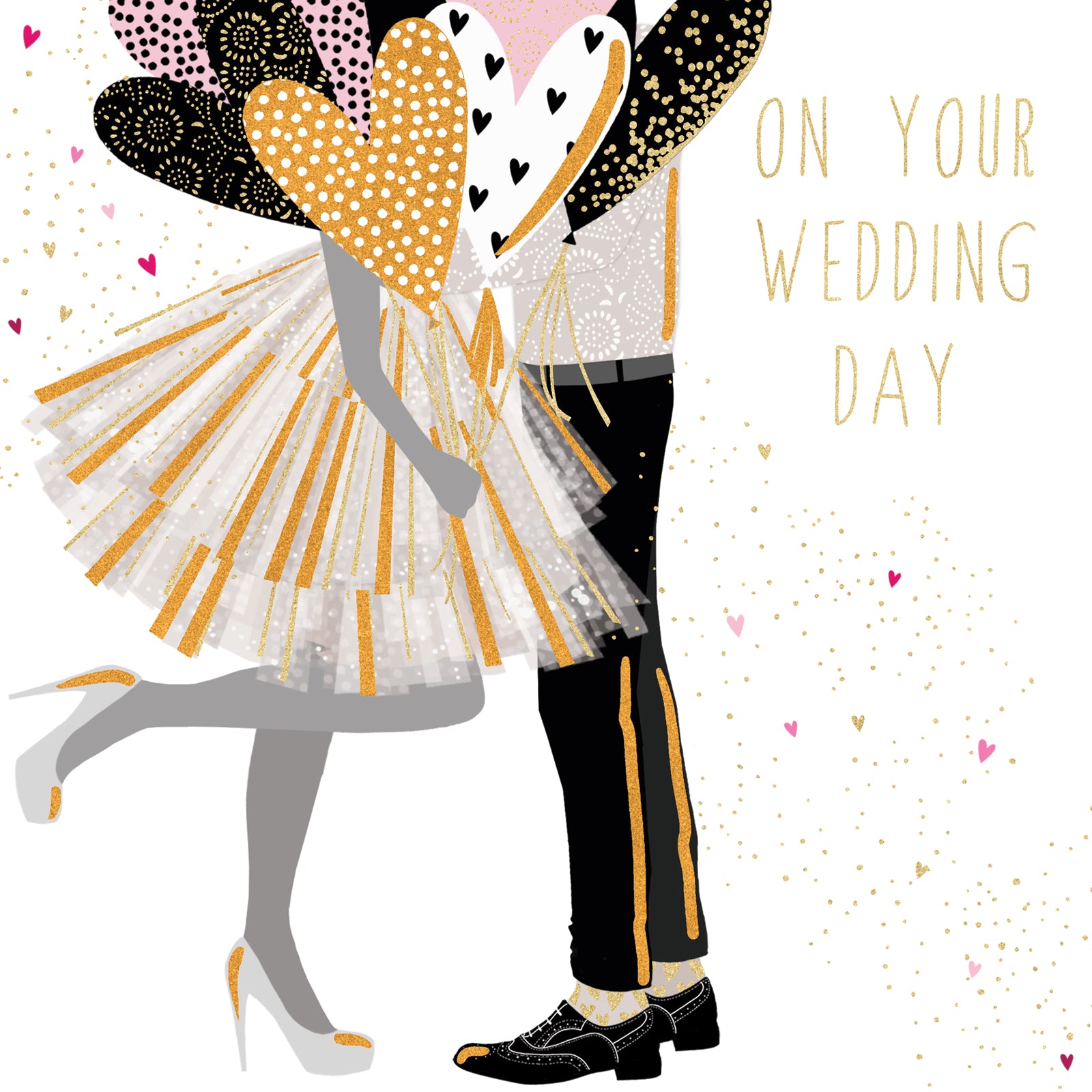 Illustration of a couple embracing with 'On Your Wedding Day' text, surrounded by hearts and confetti.