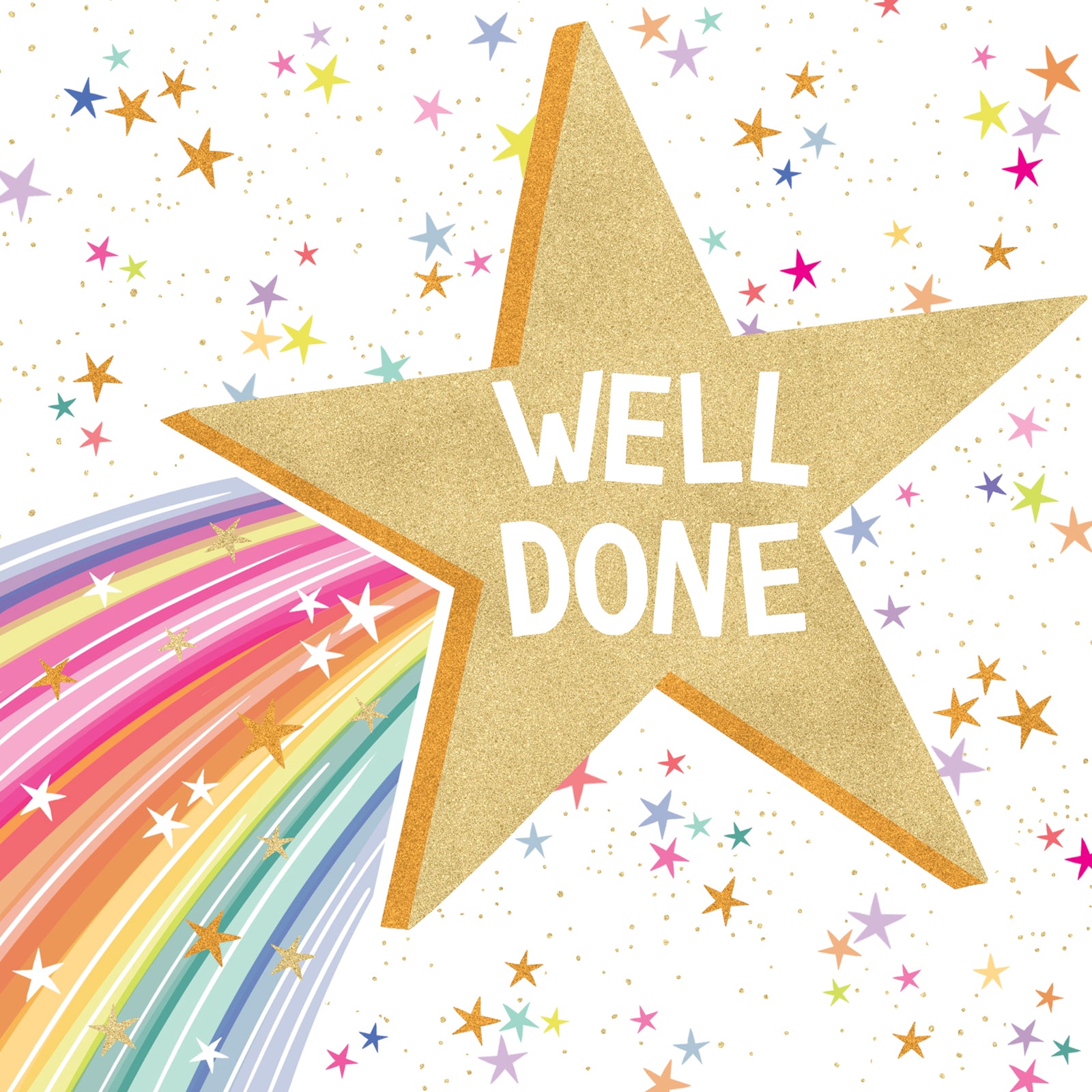 Gold star with 'WELL DONE' text on a colorful star and rainbow background