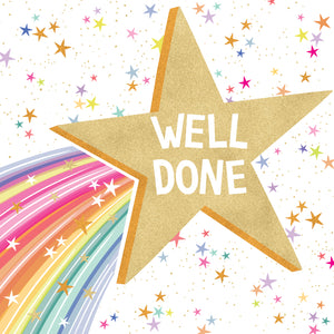 Gold star with 'WELL DONE' text on a colorful star and rainbow background