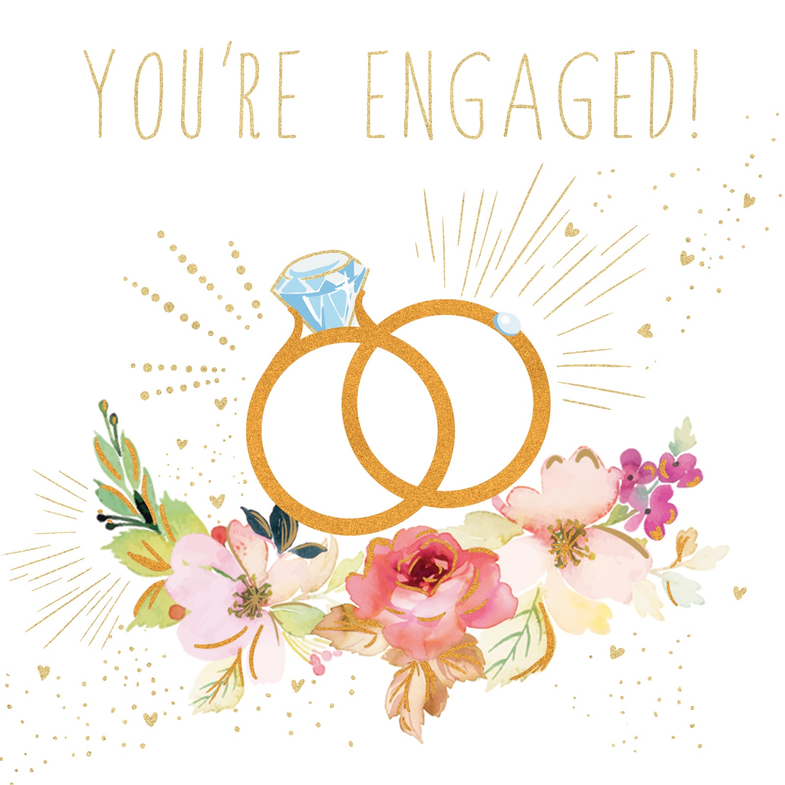 Engagement card with two interlocking rings, flowers, and 'You're Engaged!' text on a white background.