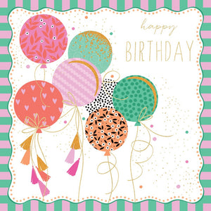 Colorful birthday card with balloons and 'Happy Birthday' text on a striped background