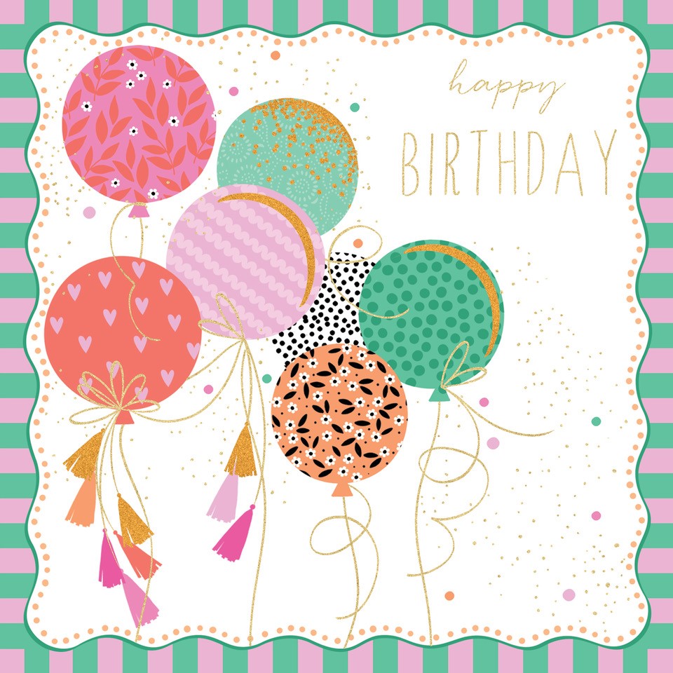 Colorful birthday card with balloons and 'Happy Birthday' text on a striped background