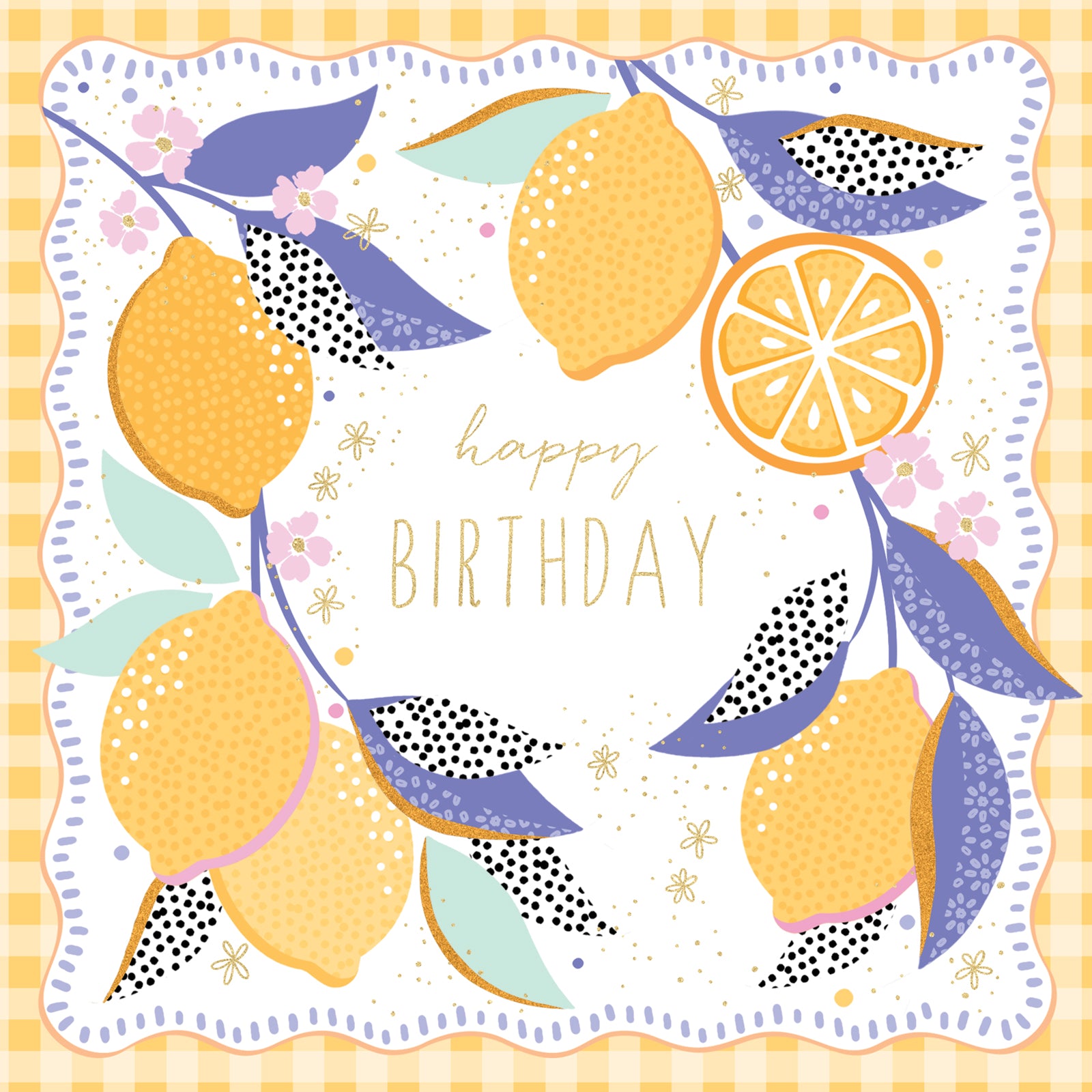 Birthday card with lemons and 'happy birthday' text on a yellow checkered background