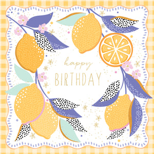 Birthday card with lemons and 'happy birthday' text on a yellow checkered background
