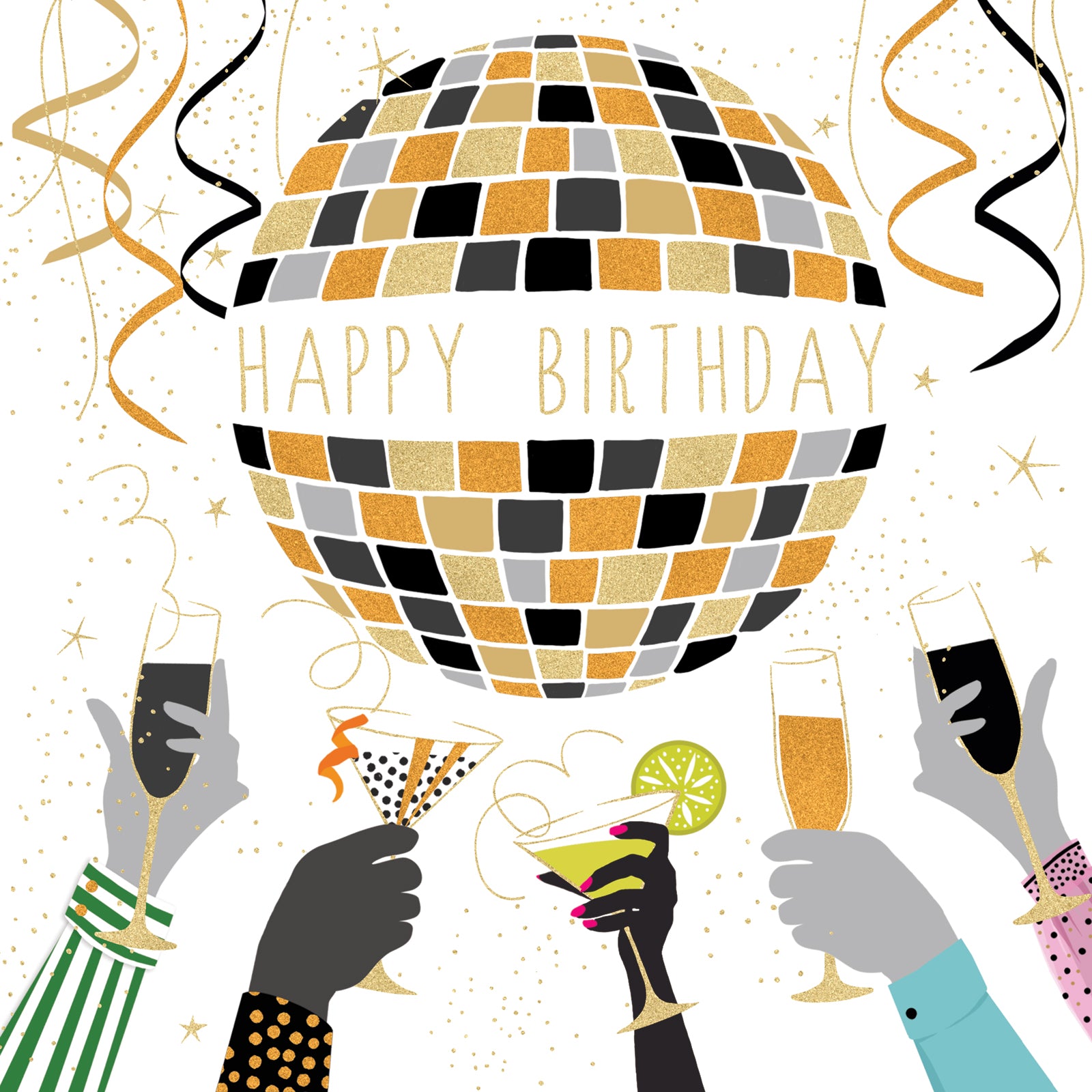 Illustration of a disco ball with 'Happy Birthday' text, surrounded by hands holding drinks against a white background.