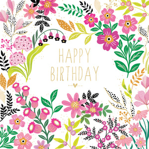 Colorful floral design with 'Happy Birthday' text on a white background