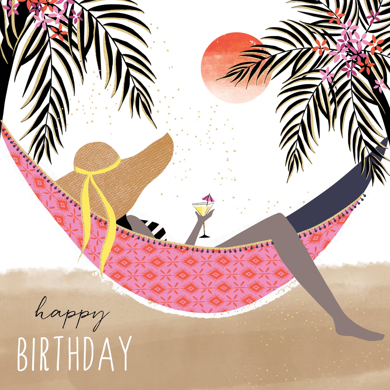 Illustration of a woman in a hammock with palm leaves and a sunset, accompanied by 'happy birthday' text.
