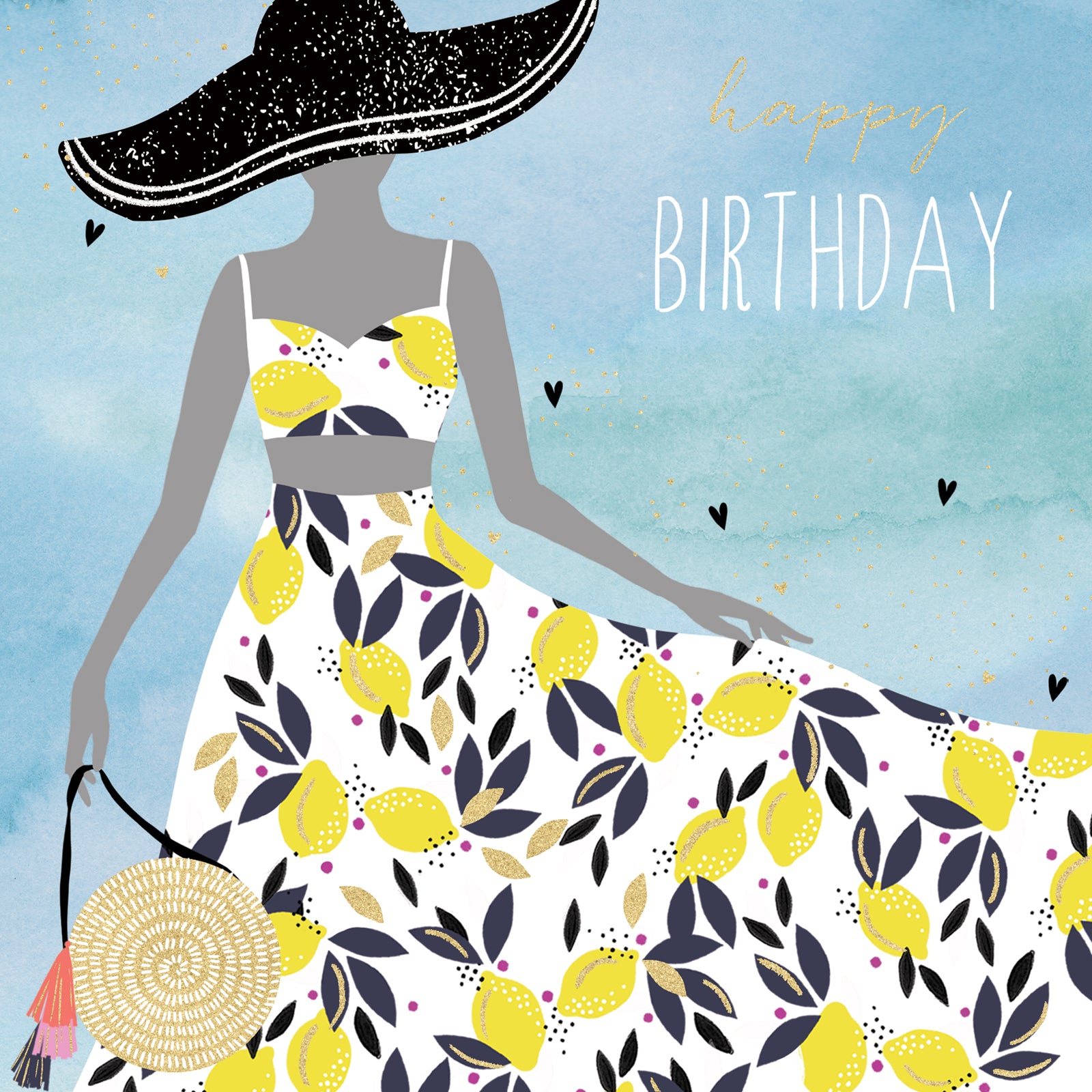 Birthday card with a stylized illustration of a woman in a lemon-patterned dress against a blue sky.