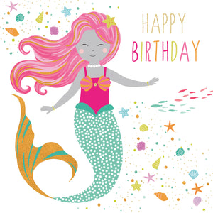 Cartoon mermaid with pink hair and green tail on a 'Happy Birthday' card with colorful sea-themed decorations.