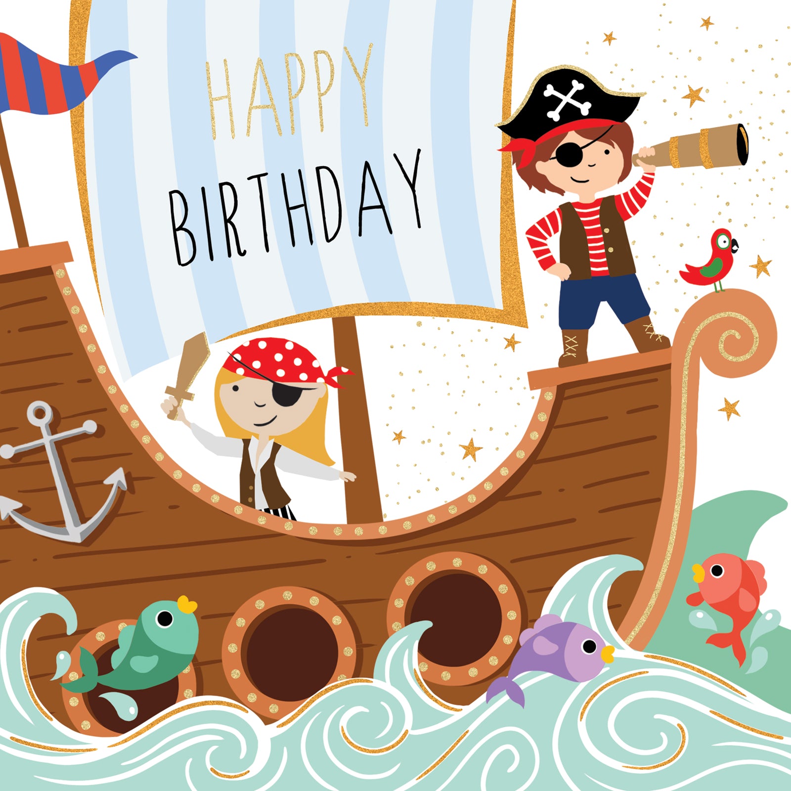 Birthday card with pirate-themed illustration of children on a ship.