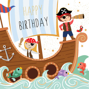 Birthday card with pirate-themed illustration of children on a ship.