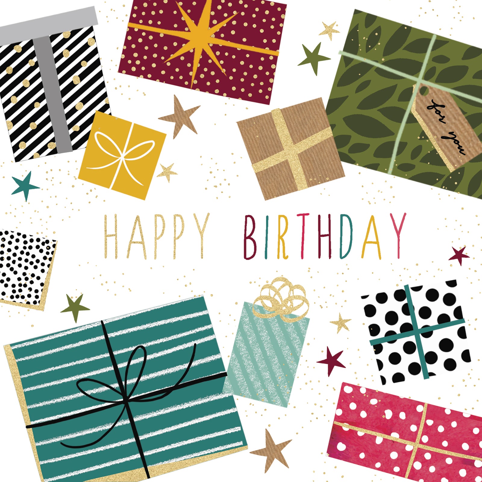 Colourful birthday presents with various designs and 'Happy Birthday' text on a white background.