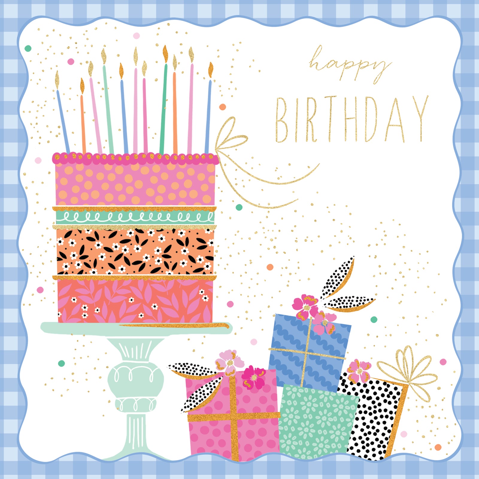 Birthday card with a cake, candles, and presents with a gingham border