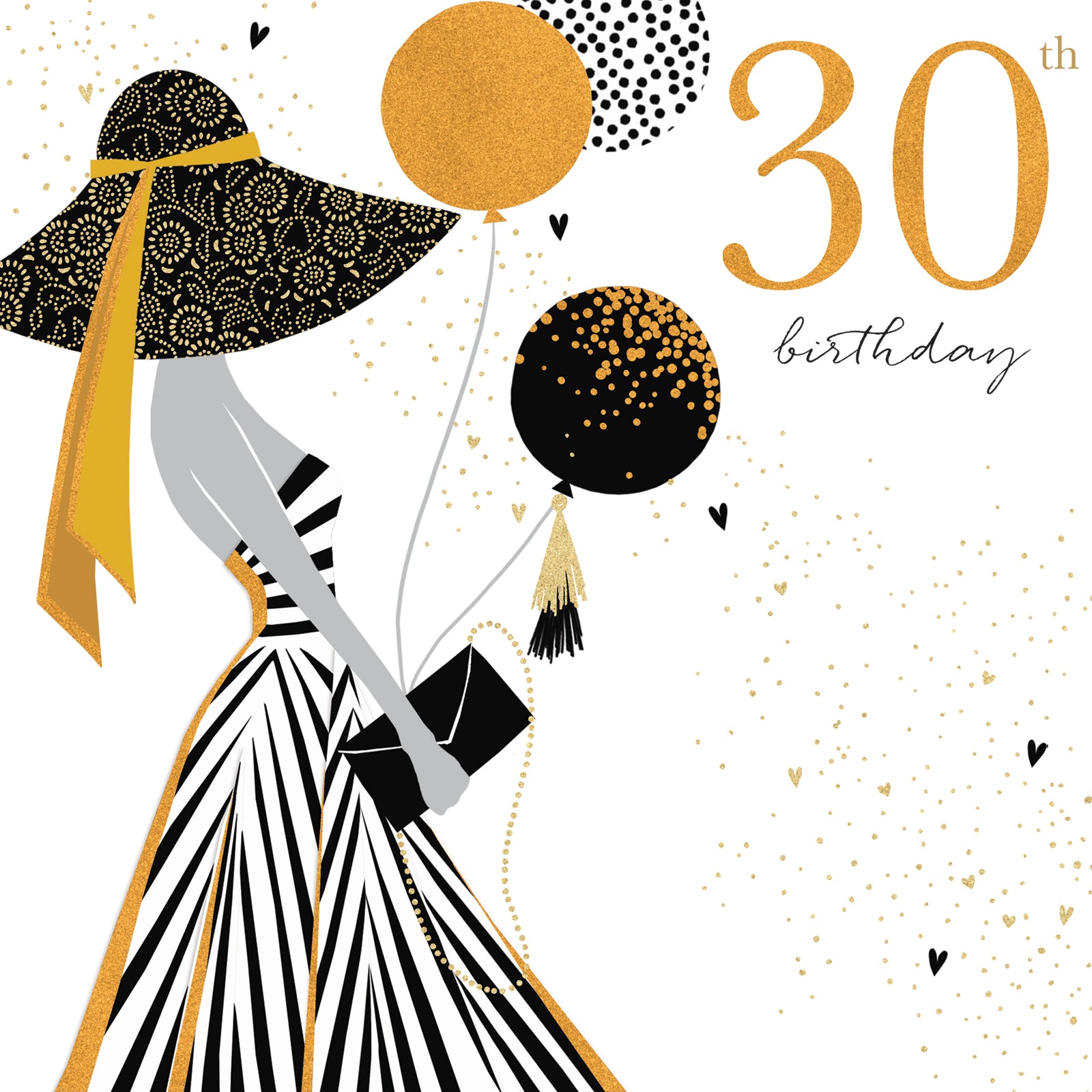 Illustration of a woman holding balloons with '30th Birthday' text on a white background
