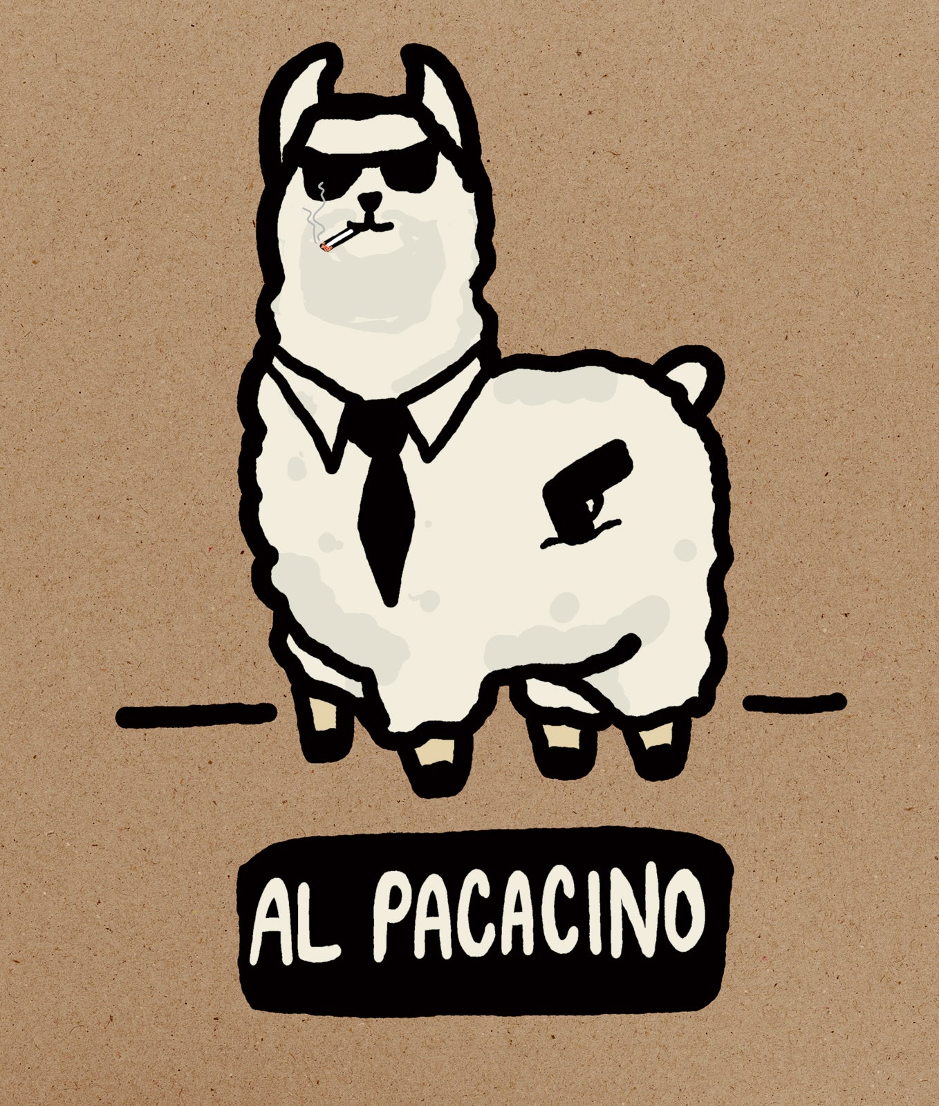 Illustration of a llama wearing sunglasses and a tie on a brown background with 'Al Pacacino' text.
