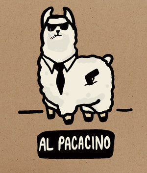 Illustration of a llama wearing sunglasses and a tie on a brown background with 'Al Pacacino' text.