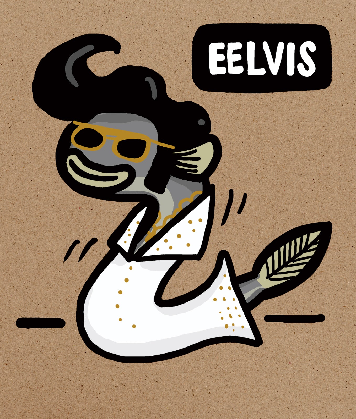 Illustration of a character with a hat and sunglasses on a brown background, with 'EELVIS' text above.