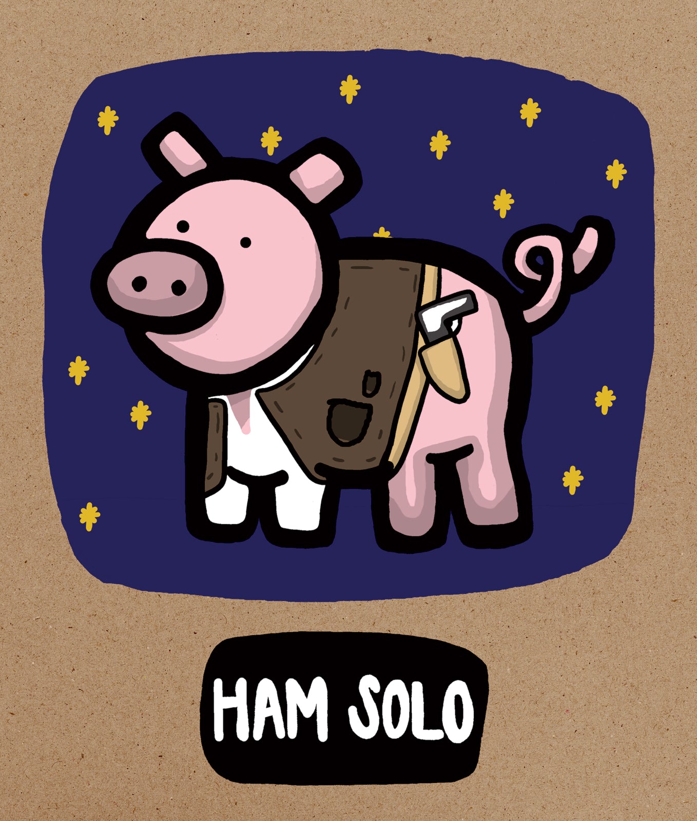 Cartoon pig with a backpack labeled 'Ham Solo' on a starry night background.