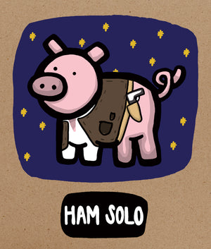 Cartoon pig with a backpack labeled 'Ham Solo' on a starry night background.