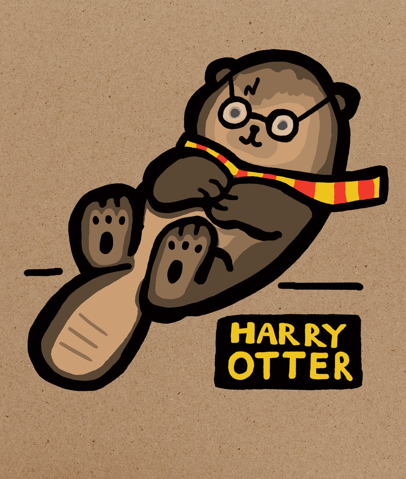 Illustration of an otter wearing glasses and a scarf with 'Harry Potter' theme on a brown background.