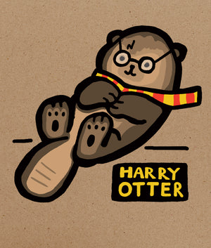 Illustration of an otter wearing glasses and a scarf with 'Harry Potter' theme on a brown background.