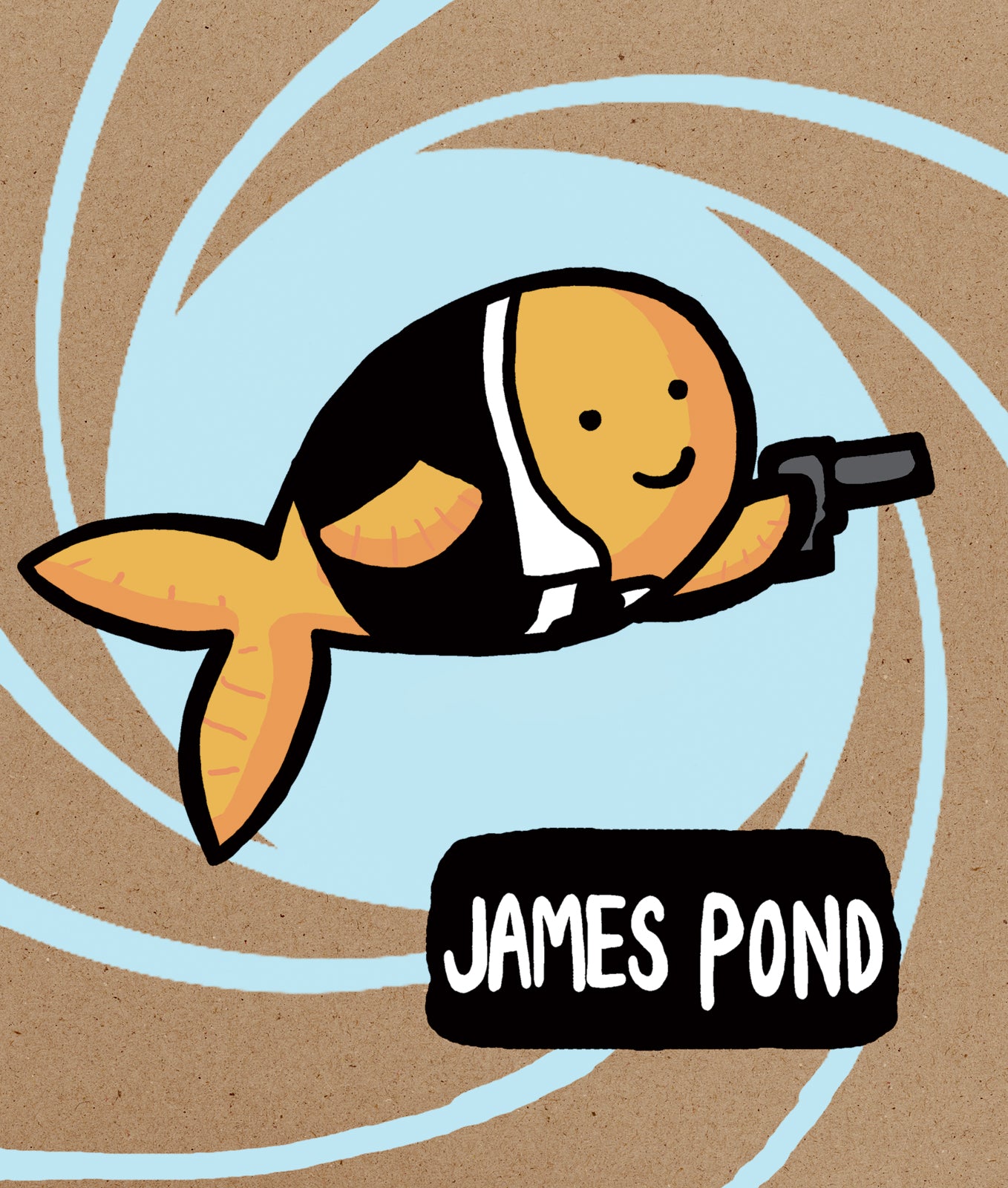 Cartoon fish character with a gun on a brown background with circular blue design