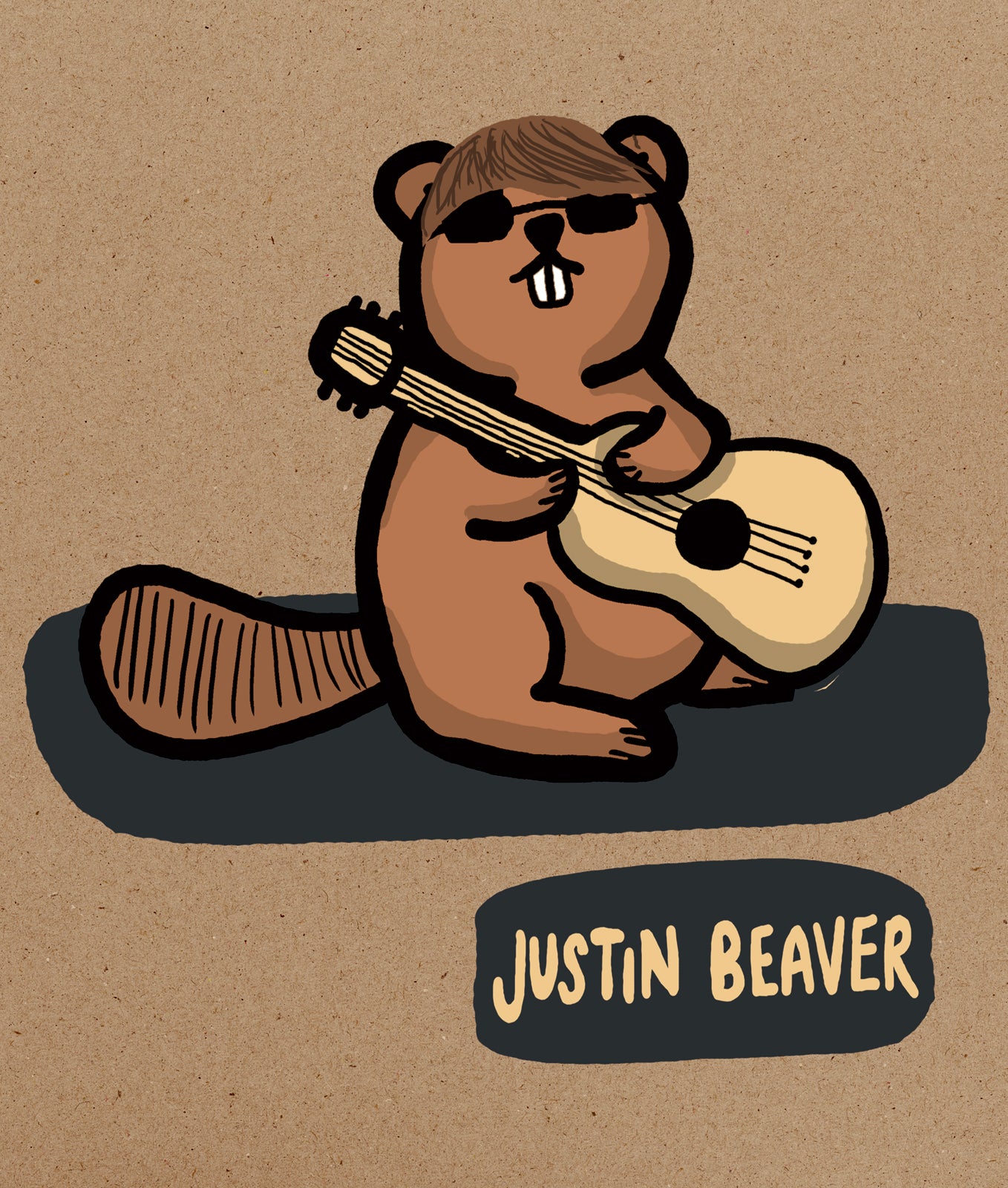 Illustration of a beaver playing a guitar with 'Justin Beaver' text on a brown background