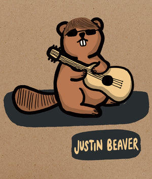 Illustration of a beaver playing a guitar with 'Justin Beaver' text on a brown background