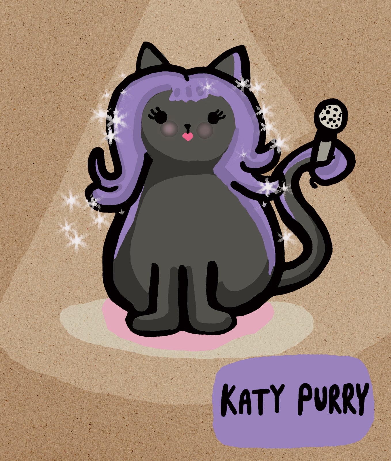 Illustration of a cat with purple hair and a microphone on a brown background with 'KATY PURRY' text.