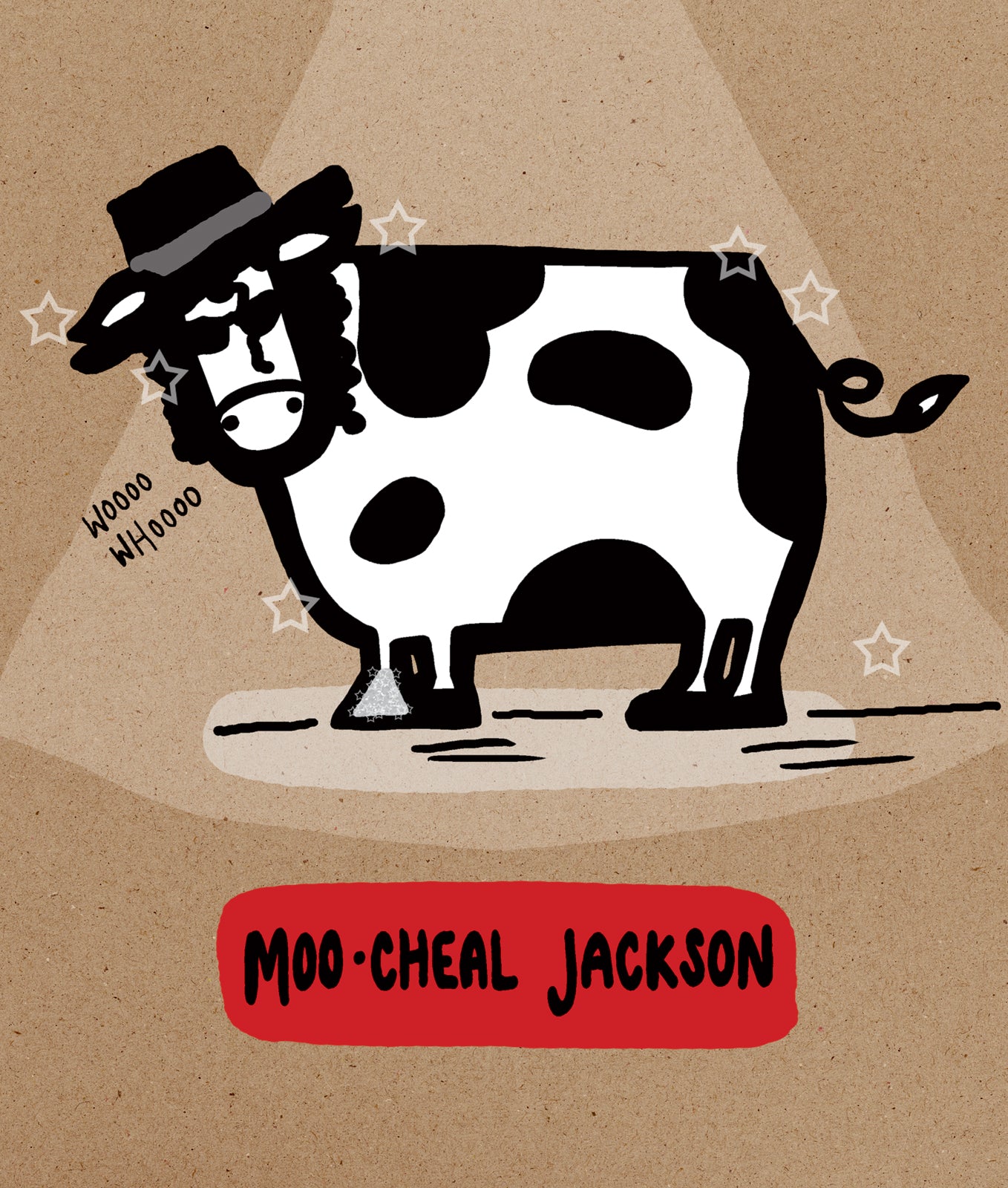 Cartoon cow with a hat on a brown background, featuring the text 'Moo-Cheal Jackson'.