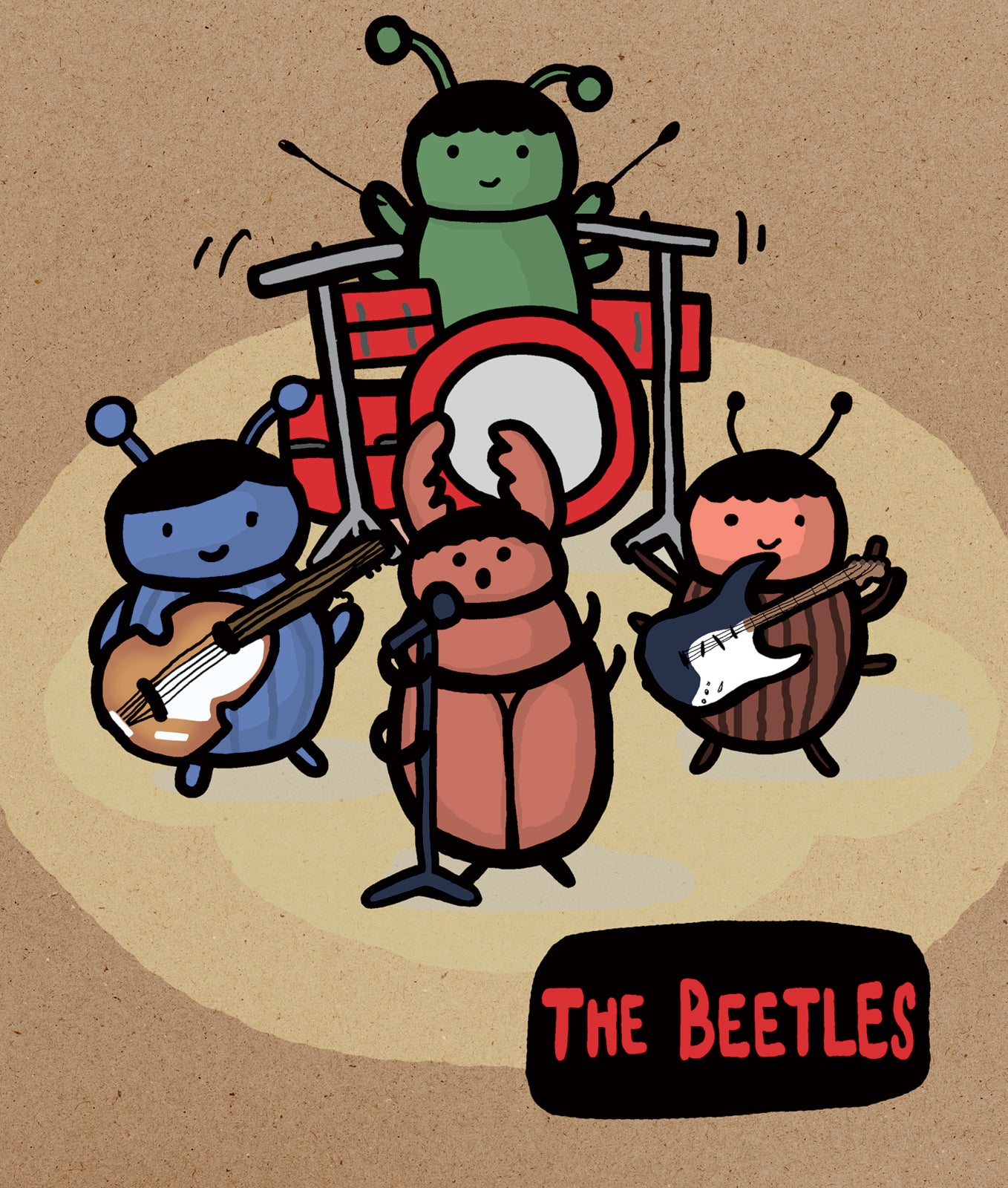 Illustration of cartoon beetles playing music with 'The Beetles' text on a brown background