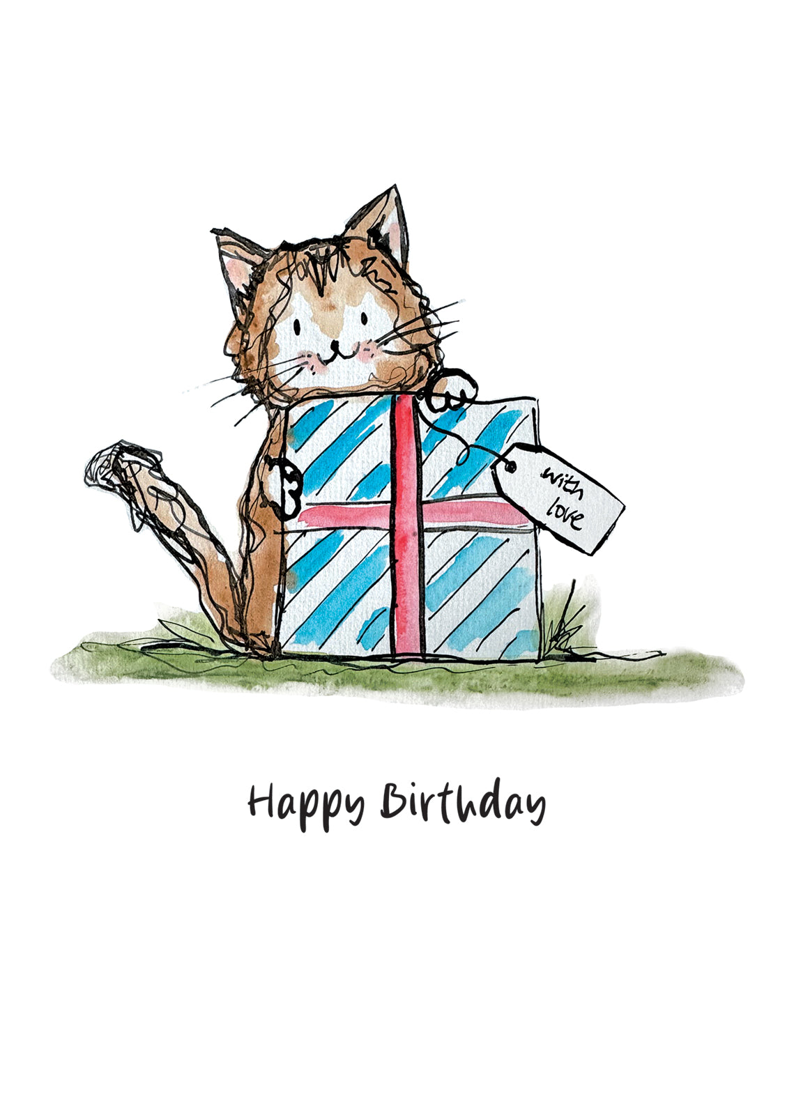 Illustration of a cat with a gift box on a white background