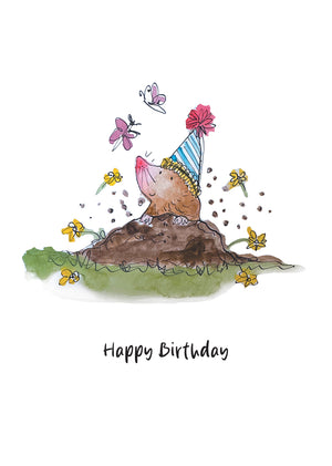 Illustration of a mole in a birthday hat with flowers and butterflies on a white background.