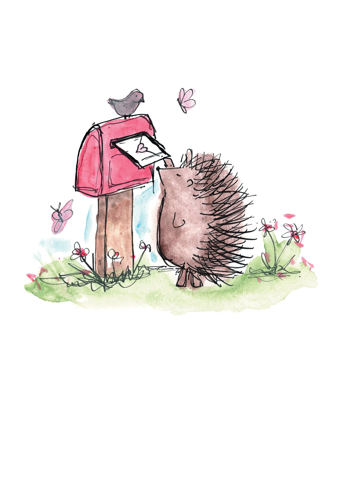 Illustration of a hedgehog with a bird on a mailbox, surrounded by flowers and butterflies.