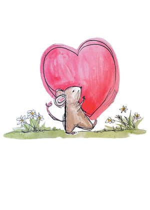 Illustration of a mouse holding a pink heart with flowers around on a white background