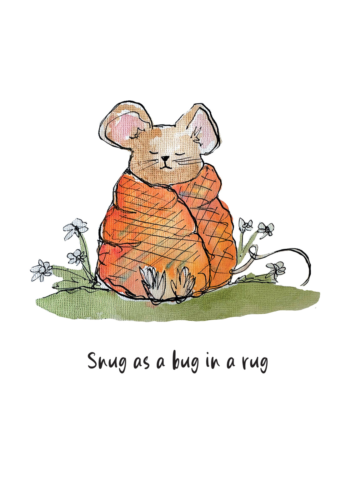 Illustration of a mouse in an orange blanket sitting on grass with flowers.
