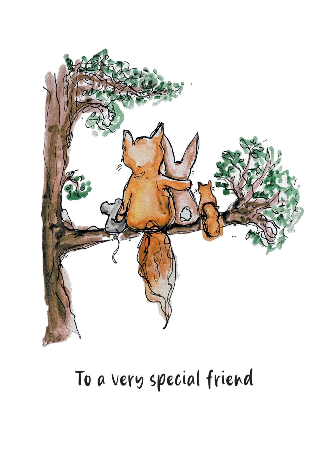 Illustration of forest animals in a tree showing friendship