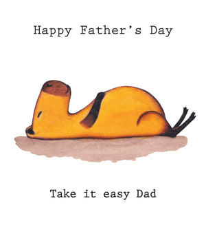Father's Day card with a relaxed capibara and humorous text on a white background