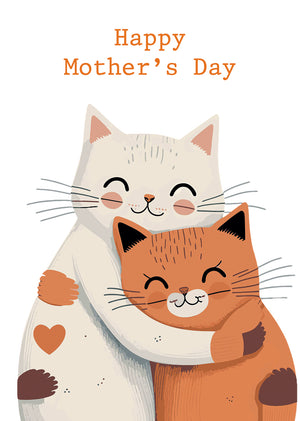 Two cats hugging with 'Happy Mother's Day' text on a white background