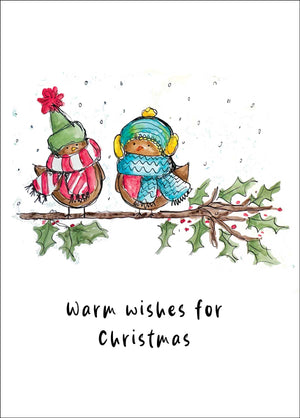Two birds in winter clothing on a branch with holly leaves and the text 'Warm wishes for Christmas' on a white background.